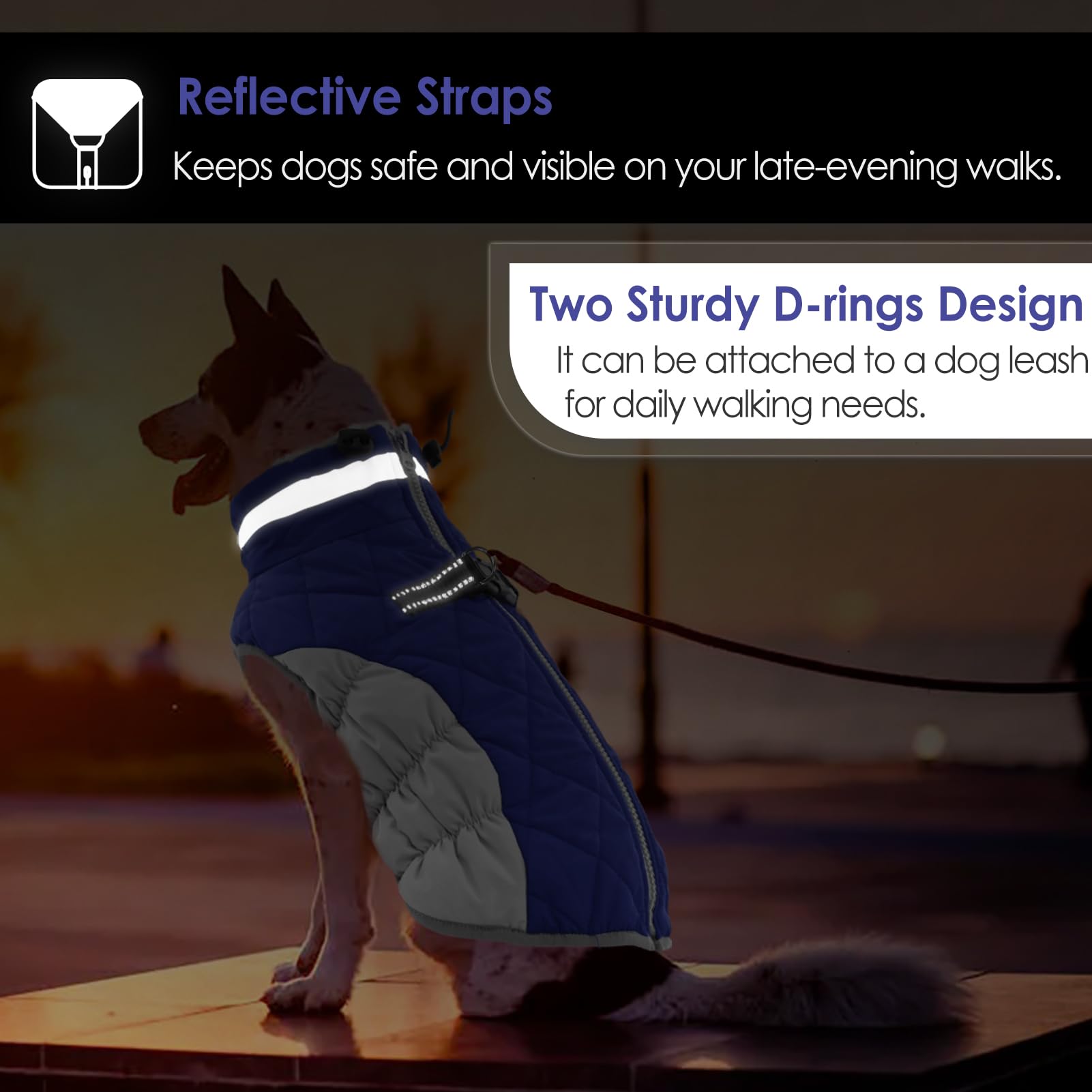 Aofitee Dog Winter Coat, Warm Fleece Lining, Water Resistant, Reflective Turtleneck, Harness Built-In, Blue Xs